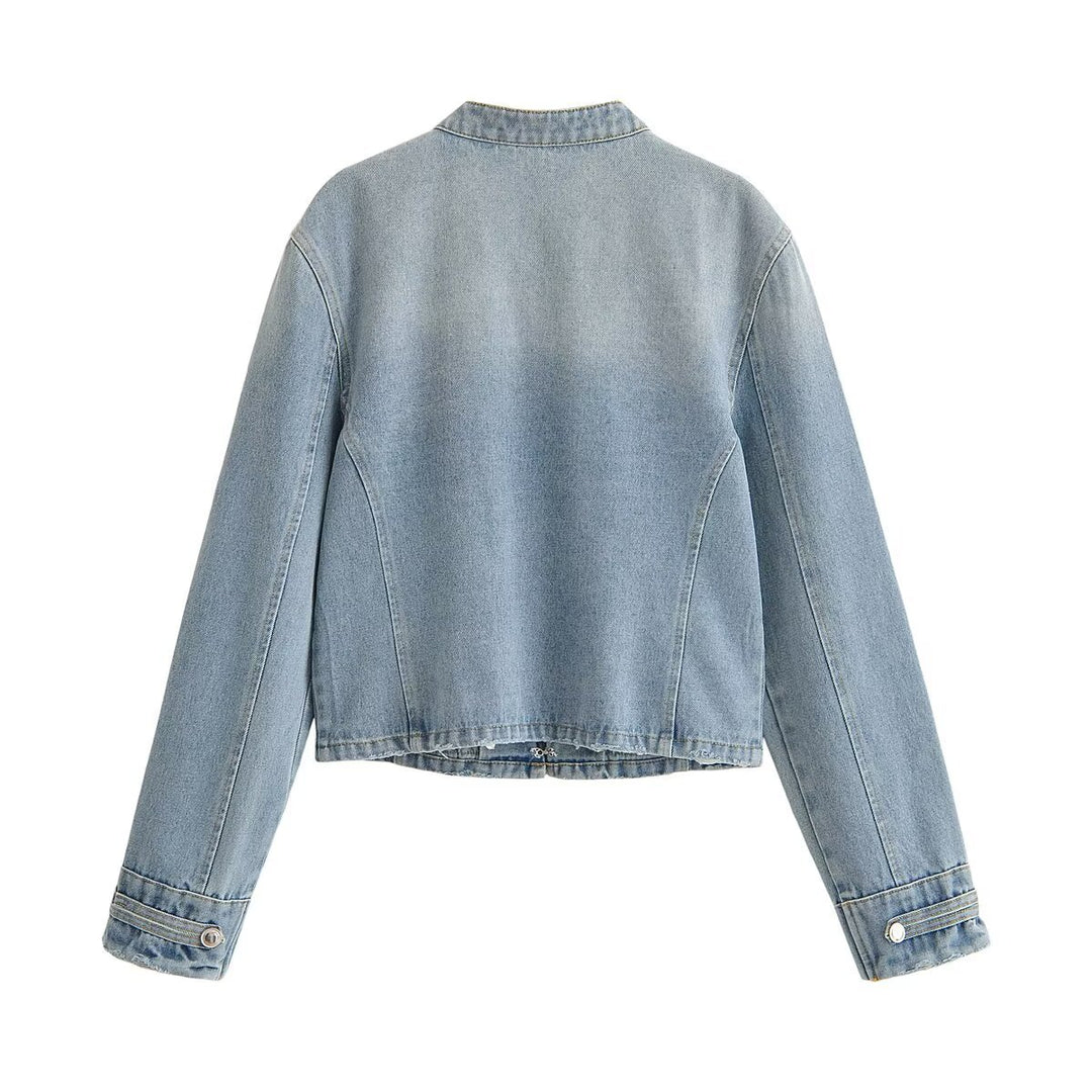 Women's short tailored denim jacket in military style with double decorative buttons Mune Fashion