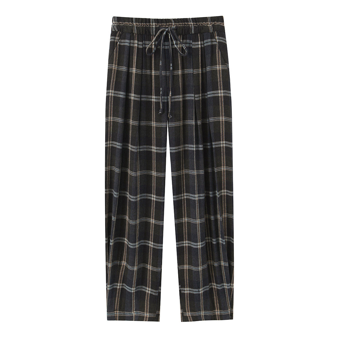 Women's Wide Checked Fabric Trousers with Drawstring Waist and Ironed Fold Mune Fashion