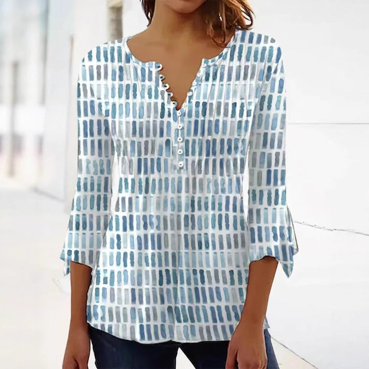 Women nan airy light watercolor print blouse shirt with Henley button placket and three-quarter bell sleeves Mune Fashion