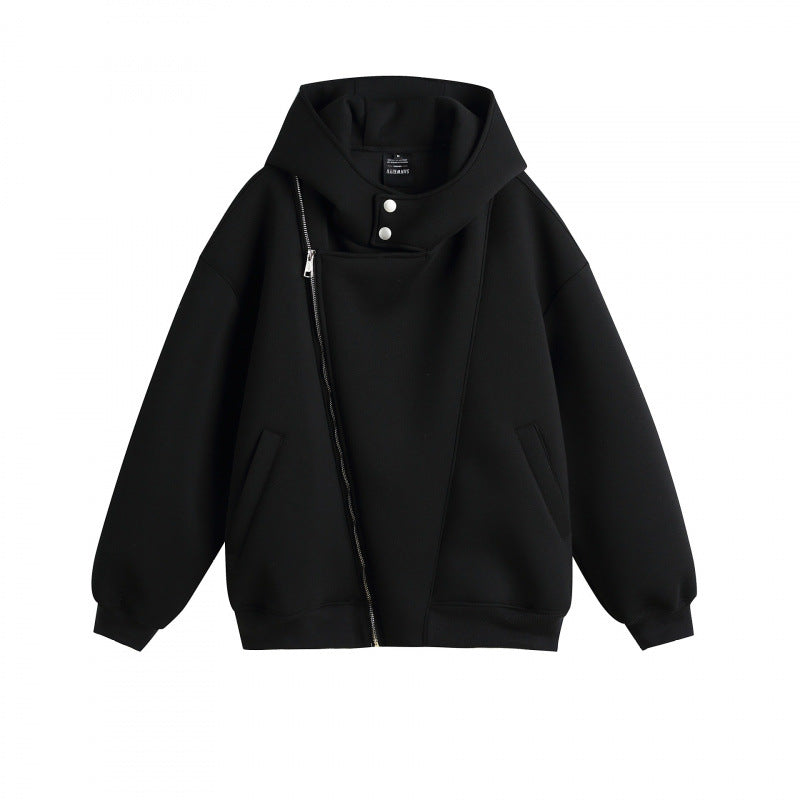 Unisex Oversize Hoodie Jacket with Asymmetrical Zipper and High Stand-Up Collar Mune Fashion