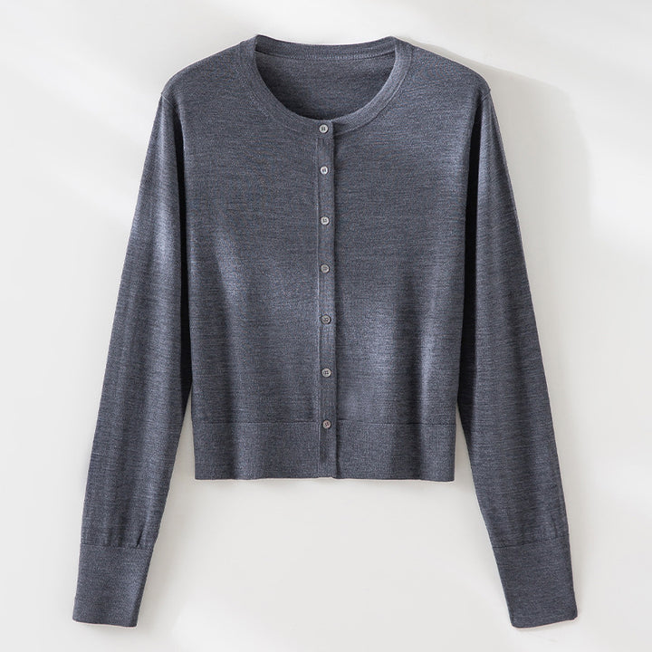 Women's light fine knit cardigan in cropped cut with round neck and continuous button placket Mune Fashion