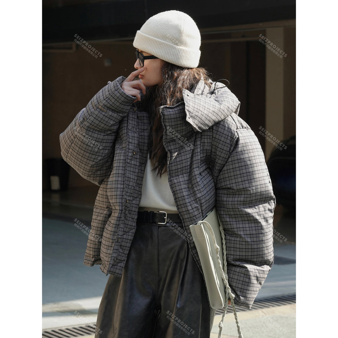 Women Short Cut Quilted Check Pattern Padded Jacket with Hood Mune Fashion