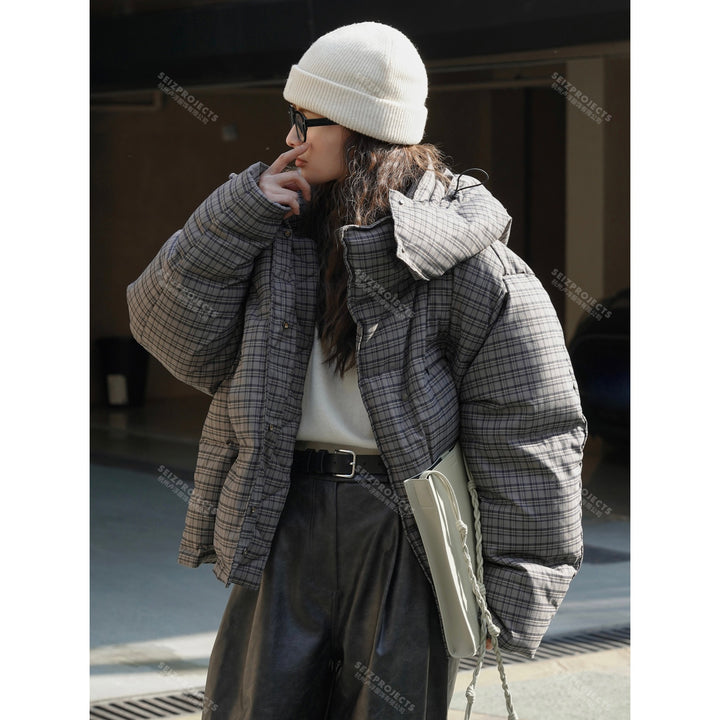 Women Short Cut Quilted Check Pattern Padded Jacket with Hood Mune Fashion