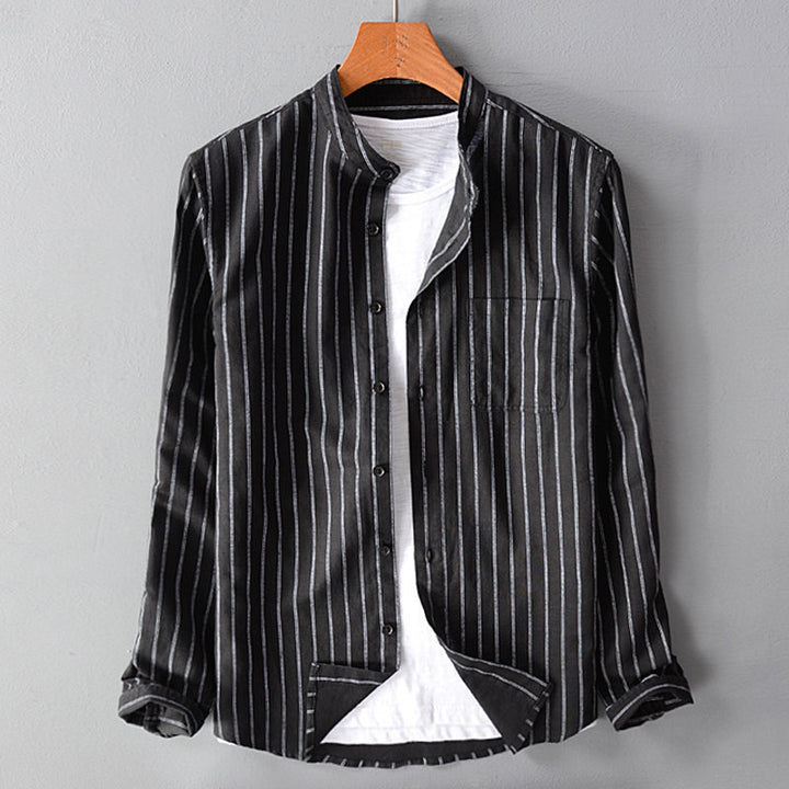Men's casual striped stand-up collar shirt made of linen-cotton mix with chest pocket Mune Fashion