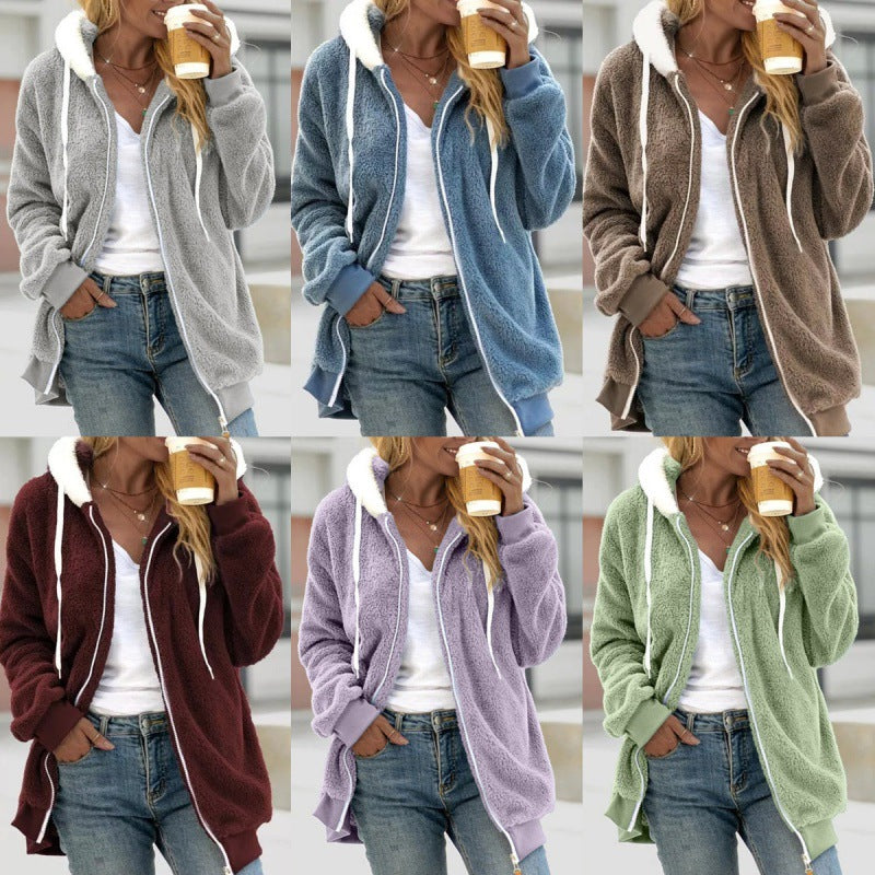 Women's Oversized Sherpa Zip Jacket with Contrast Collar, Ribbed Cuffs, and Drawstring Mune Fashion