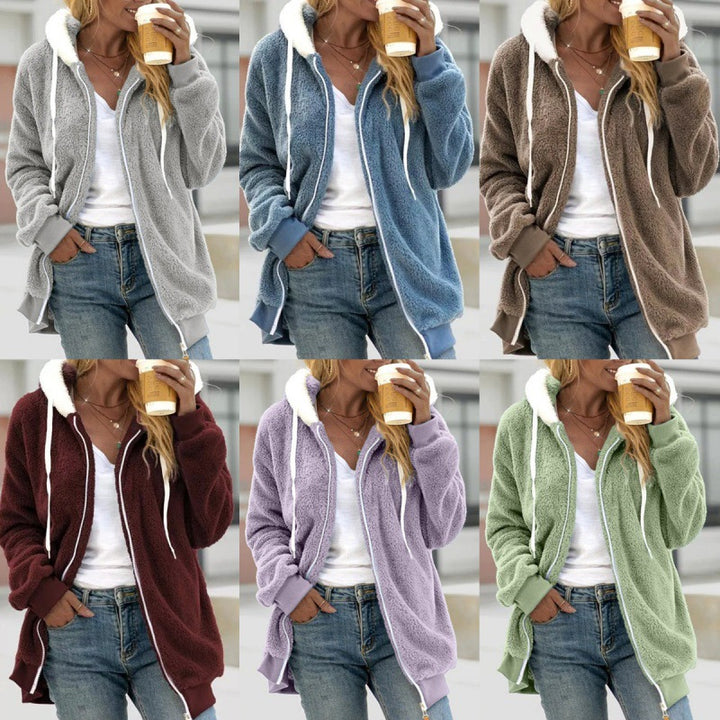 Women's Oversized Sherpa Zip Jacket with Contrast Collar, Ribbed Cuffs, and Drawstring Mune Fashion