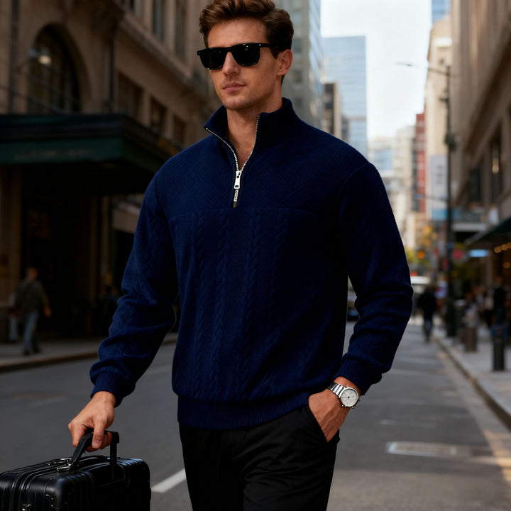 Men's chunky knit half-zip sweater with cable pattern and stand-up collar Mune Fashion
