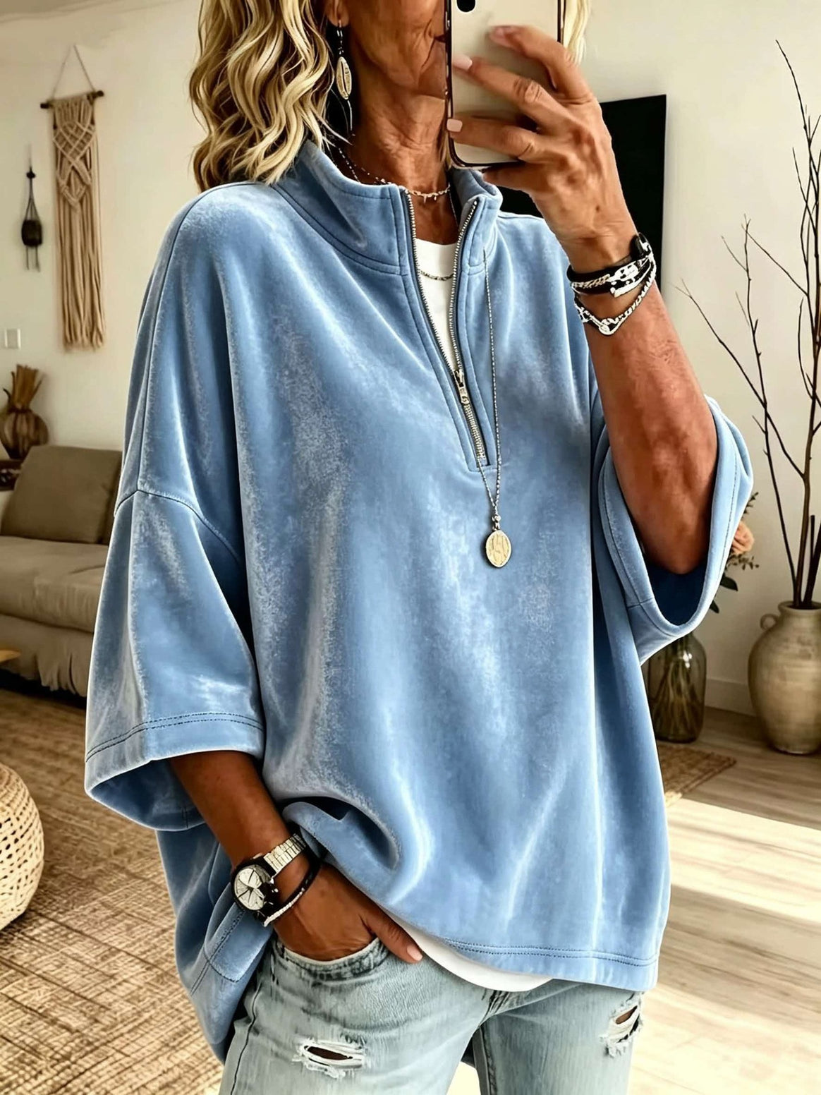 Women's Oversize Velvet Sweater with Short Zipper and Stand-Up Collar Mune Fashion