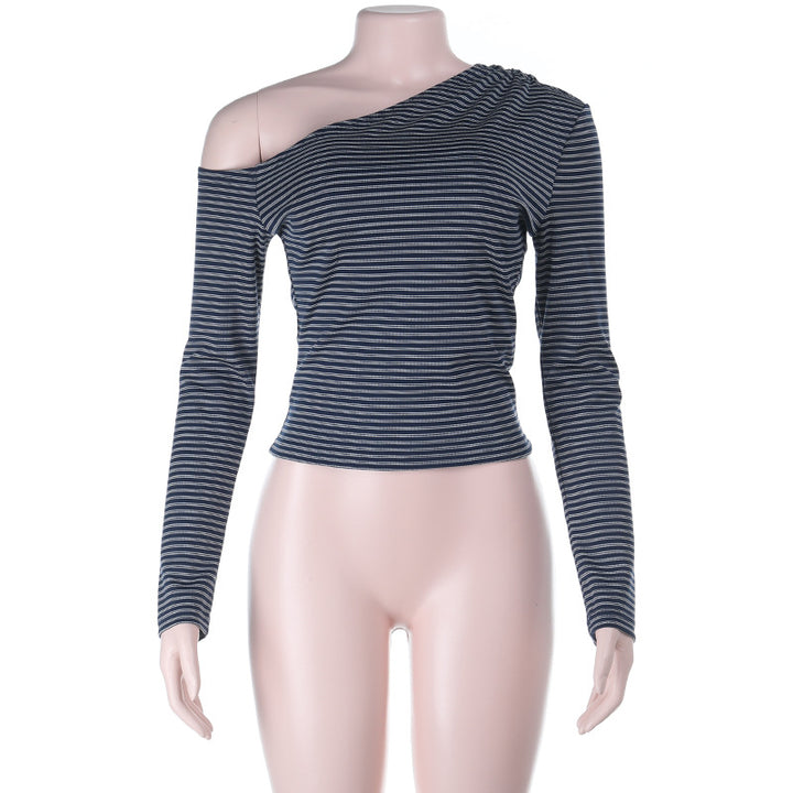 Women's Off-Shoulder Striped Fitted Long Sleeve Top with Asymmetric Neckline Mune Fashion