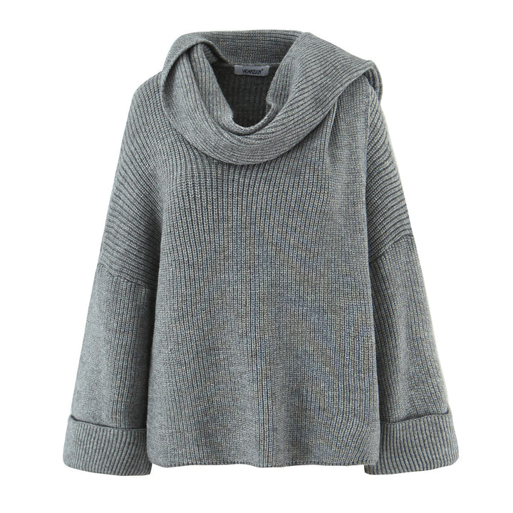 Women's Boxy-Cropped Chunky Knit Pullover with Voluminous Shawl Collar Mune Fashion