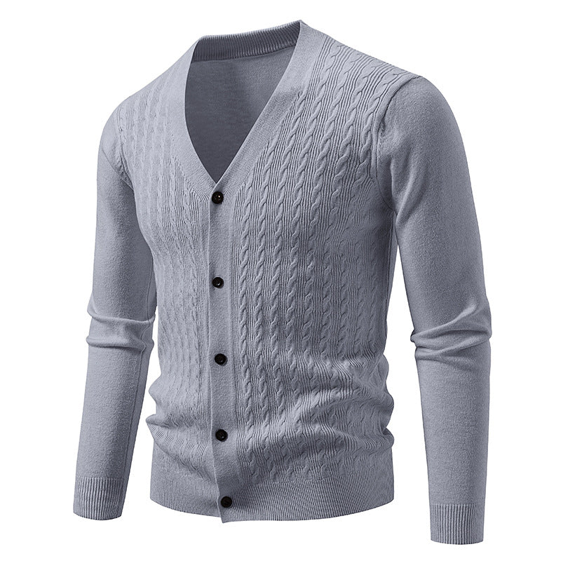 Men's fine knit cardigan with cable pattern, V-neck and button placket Mune Fashion