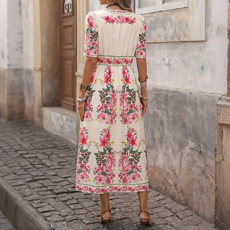Ladies Elegant Flower Dress with Short Sleeves Mune Fashion