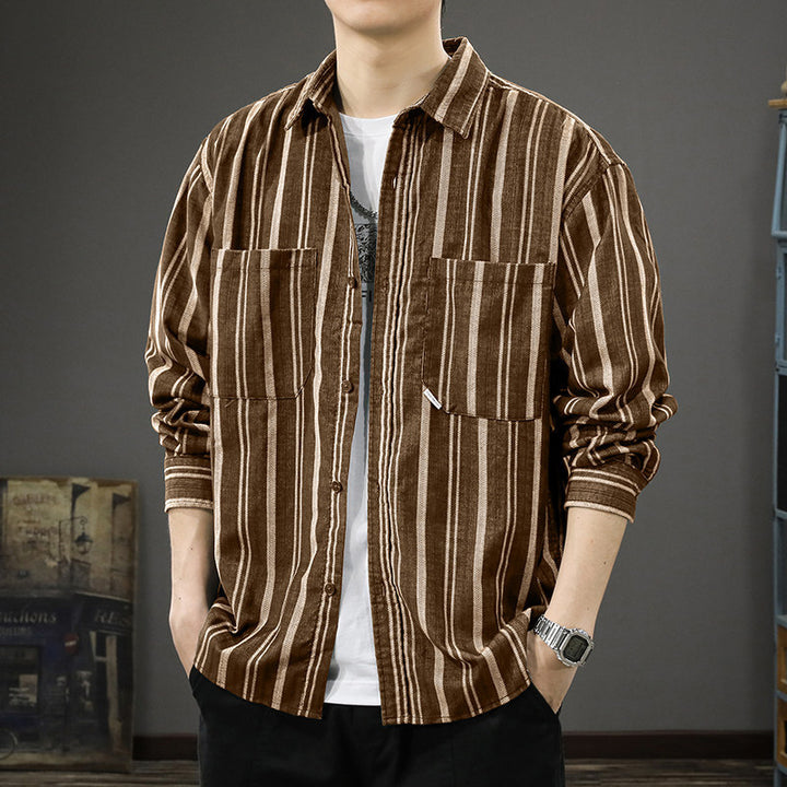 Men's Oversized Wide Corduroy Shirt Jacket with Vertical Stripe Texture and Patch Chest Pockets Mune Fashion