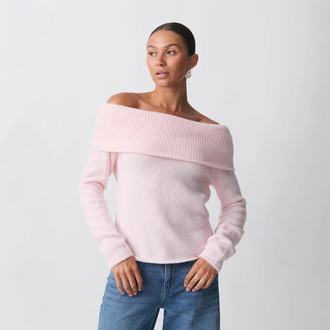 Women Off-Shoulder Chunky Knit Sweater with Wide Turn-Down Collar and Casual Oversized Fit Mune Fashion