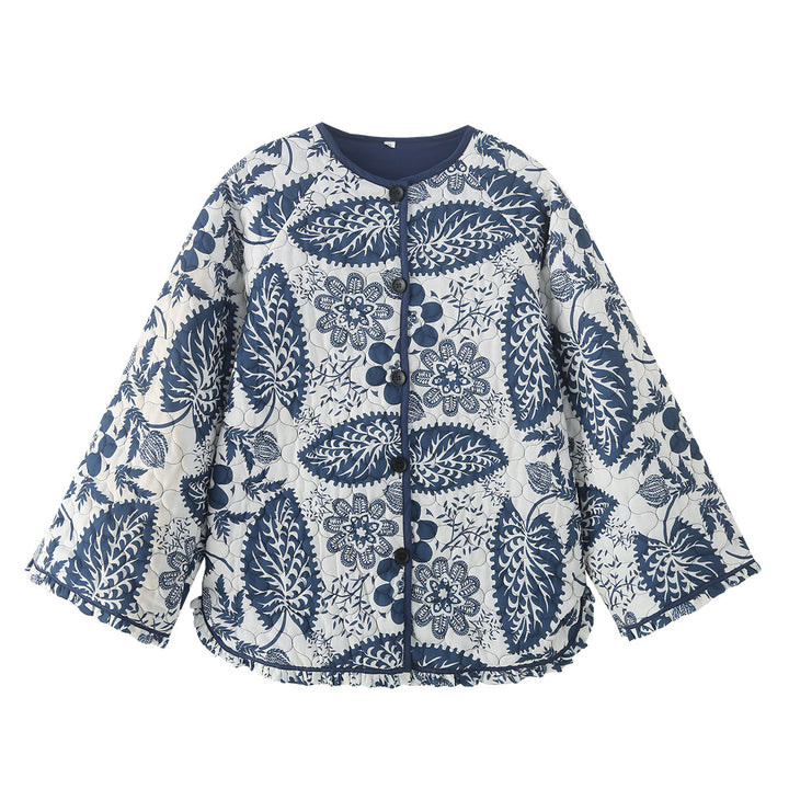 Women's nan quilted jacket with floral patchwork print, round button placket and rounded hem Mune Fashion
