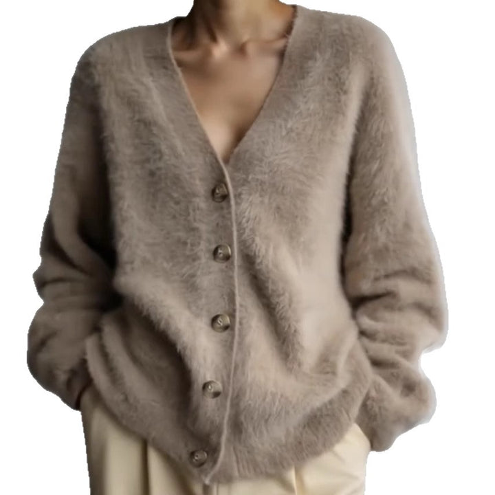 Women Fluffy Eyelash-Mix Oversize Cardigan with V-Neck and Decorative Wooden Buttons Mune Fashion