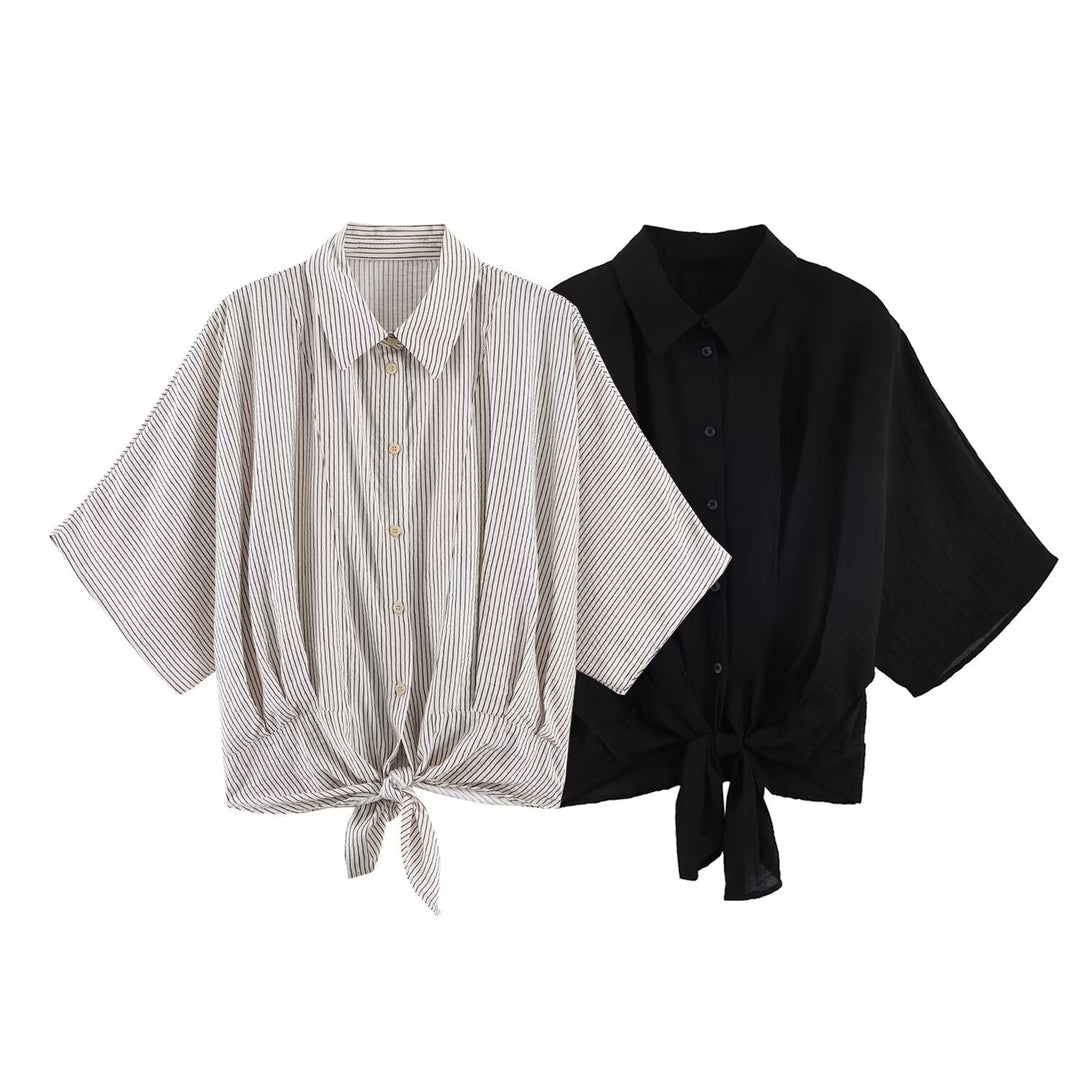 Women Striped Oversize Blouse with Kimono Sleeves and Knot Front Mune Fashion