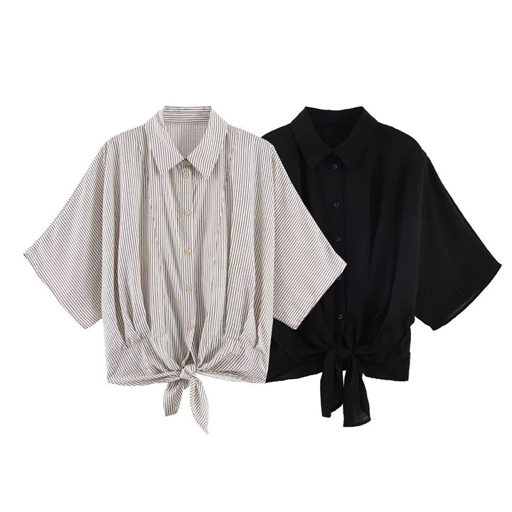 Women Striped Oversize Blouse with Kimono Sleeves and Knot Front Mune Fashion