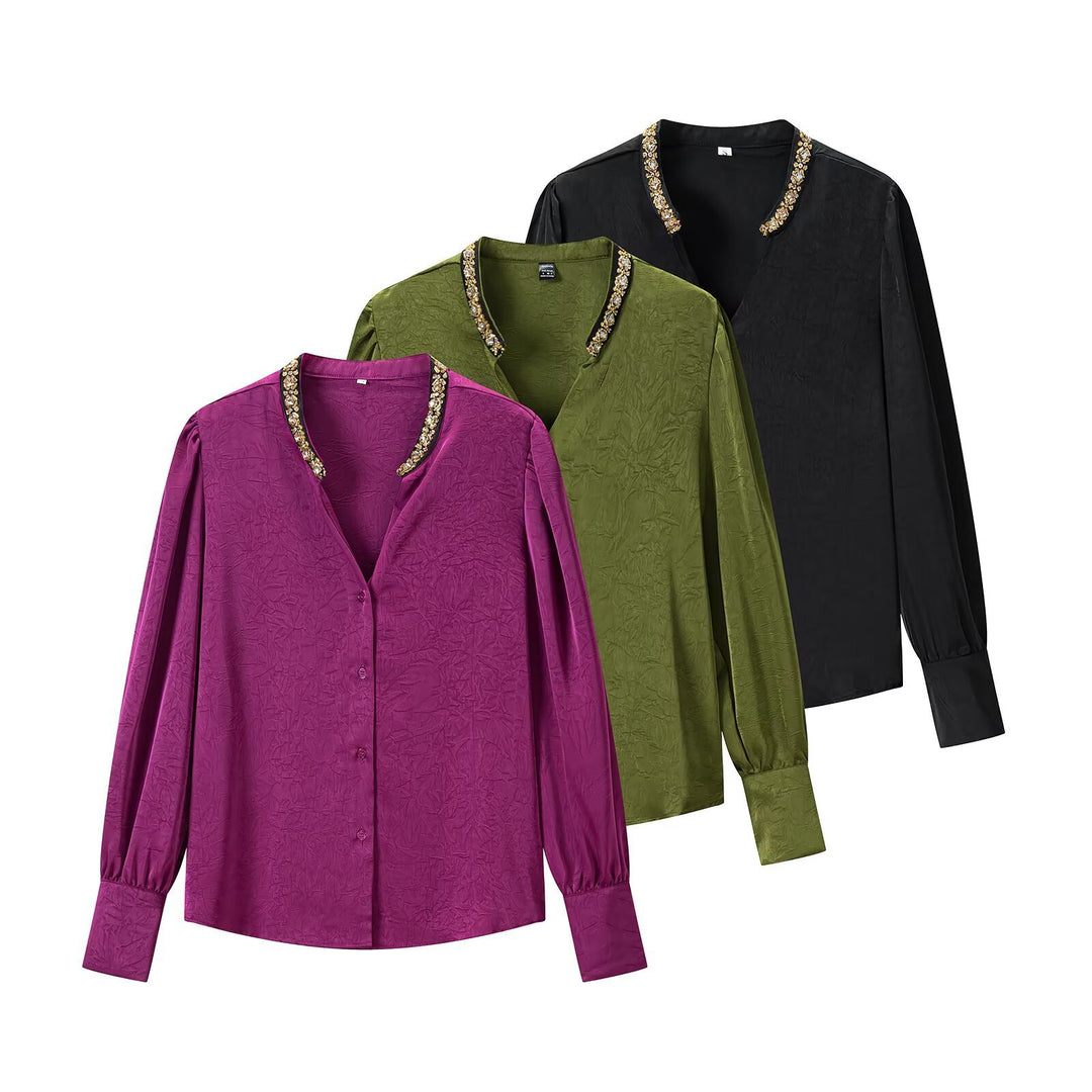 Women's Shimmering Blouse with Decorated Jewelry Collar and Gathered Balloon Sleeves Mune Fashion