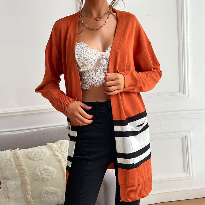 Women's Longline Cardigan with Contrast Stripes, Patch Pockets & Ribbed Cuffs Mune Fashion