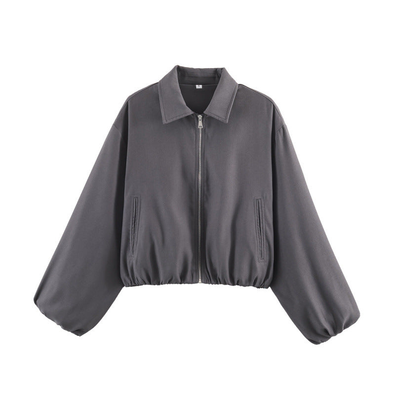 Women Polka Dot Cropped Bomber Jacket in Retro Look with Shirt Collar and Elastic Hem Mune Fashion