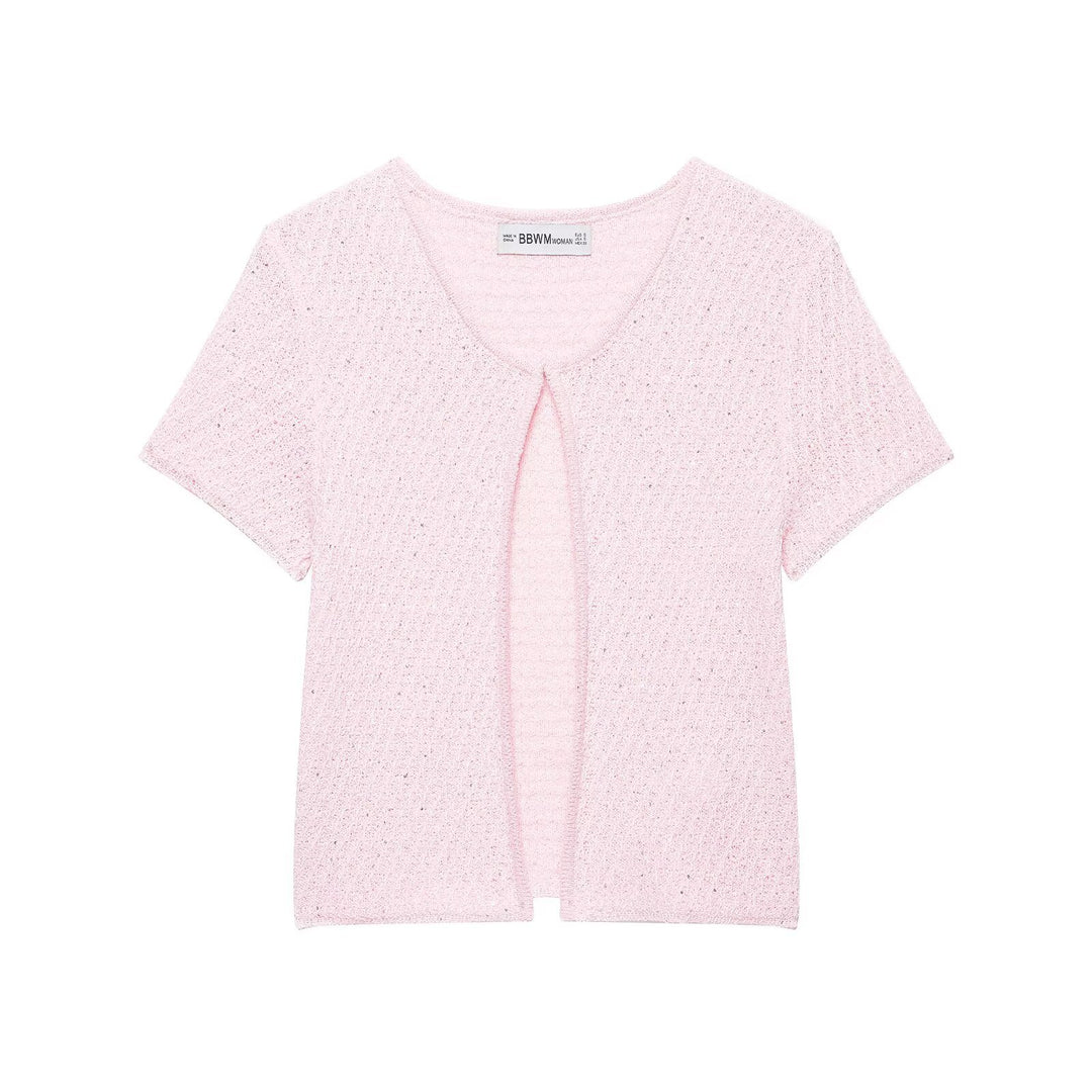Women's Short-Sleeved Boucle Cardigan with Open Front Slit Drune