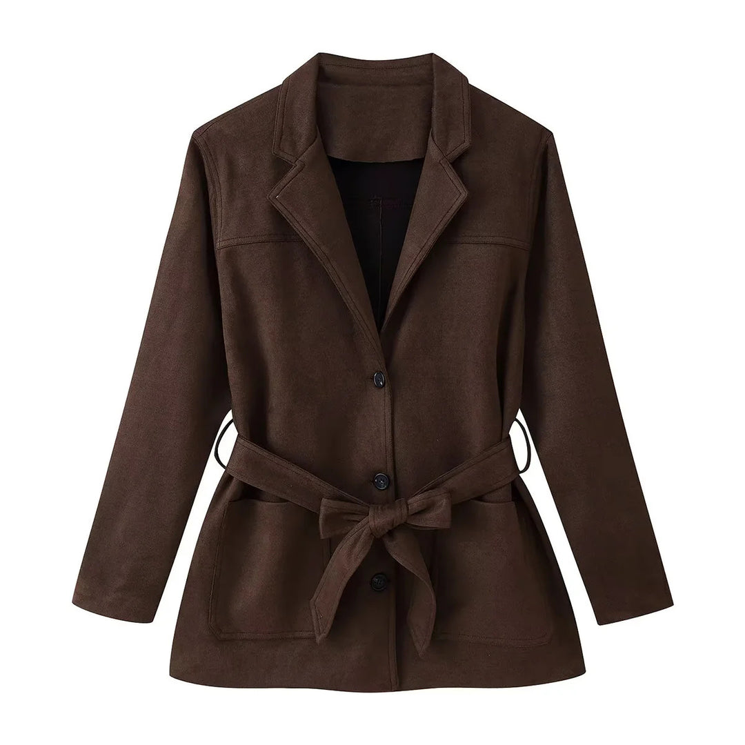 Women tailored waist belt blazer jacket made of velvet imitation with flap pockets Mune Fashion