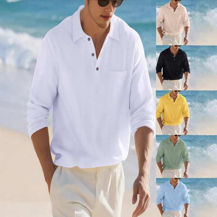 Men's lightweight linen Henley shirt with chest piping and relaxed casual fit Mune Fashion