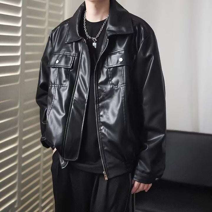 Men's Short Cropped Oversized Faux Leather Utility Jacket with Chest Flaps and Full-Length Zipper Mune Fashion