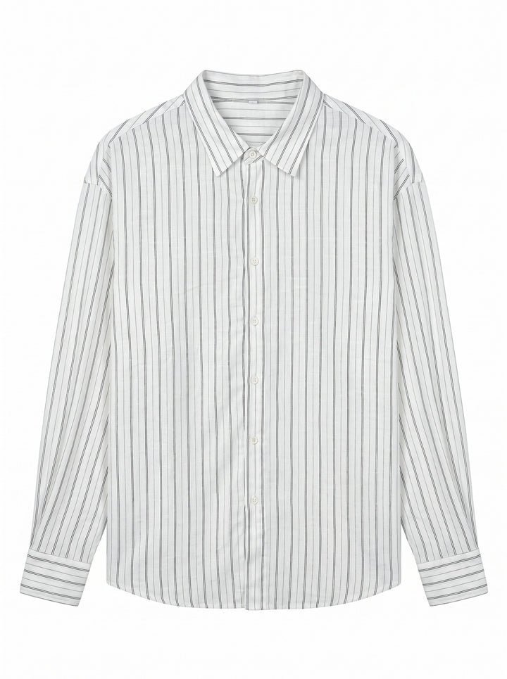 Unisex Long Relaxed-Fit Striped Shirt with Kent Collar and Rounded Hem Mune Fashion