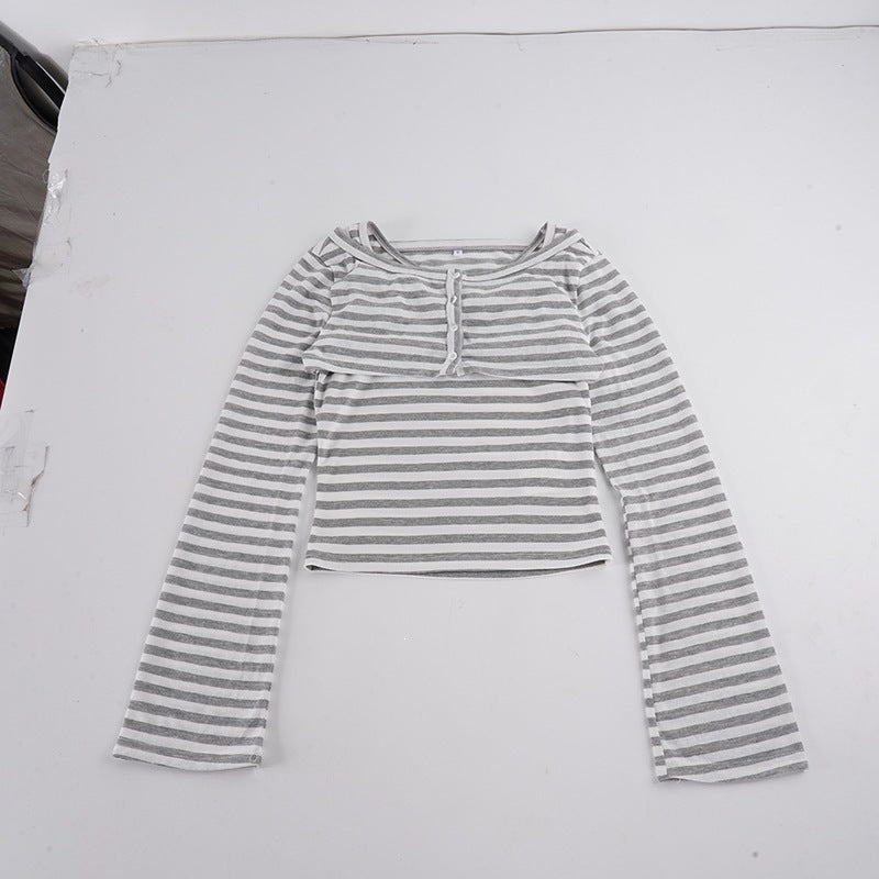 Women's Striped Cropped Long Sleeve Shirt with Boat Neck and Decorative Bow Mune Fashion