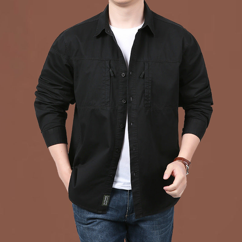 Men's lightweight cotton utility overshirt with two concealed chest pockets and classic Kent collar.