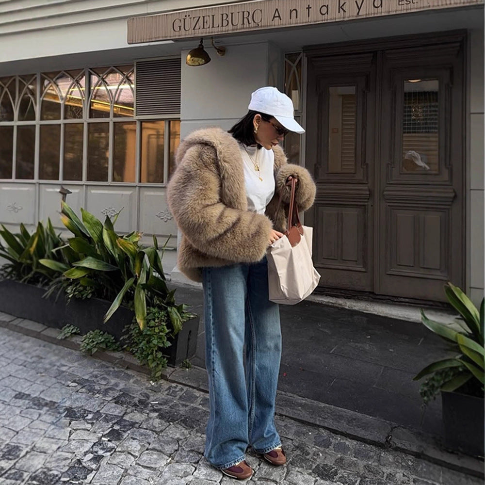 Women's Boxy Faux Fur Jacket in Teddy Look with Oversized Shawl Collar Mune Fashion