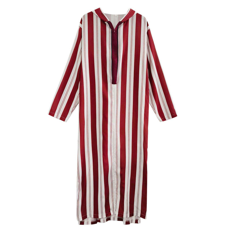 Ladies long hooded shirt dress with front zipper and vertical stripe pattern Mune Fashion