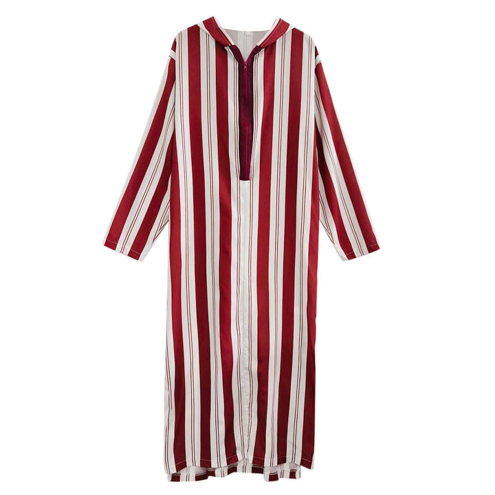 Ladies long hooded shirt dress with front zipper and vertical stripe pattern Mune Fashion