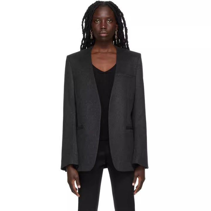 Women Collarless Long Blazer with Open Fall and Cape Effect Mune Fashion