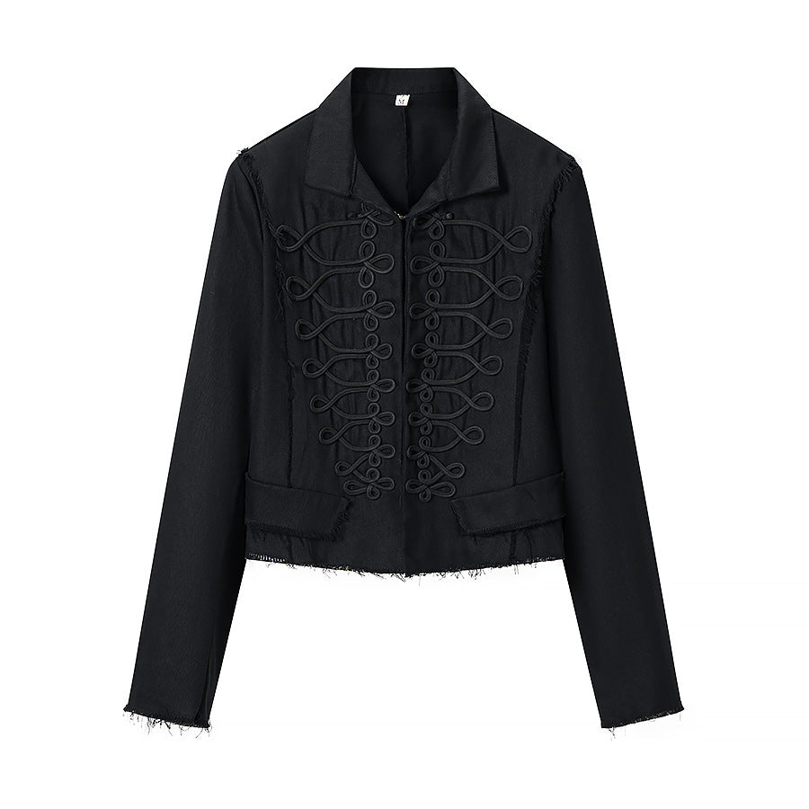Women Tailored Short Blazer with Stand Collar and Decorative Cord Decoration Mune Fashion