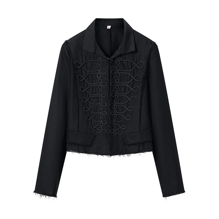 Women Tailored Short Blazer with Stand Collar and Decorative Cord Decoration Mune Fashion