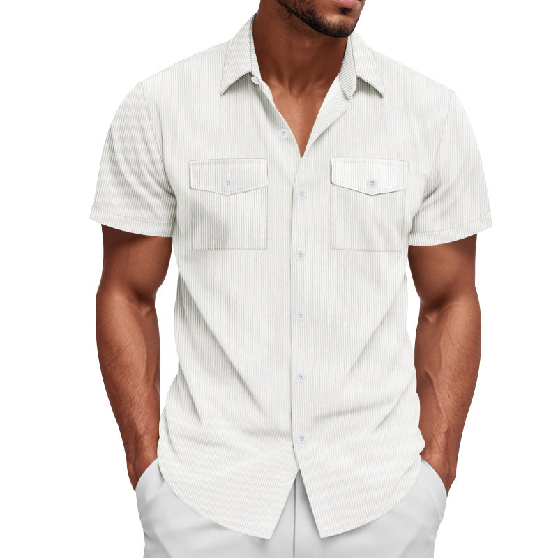 Men's casual short-sleeve shirt with lapel collar, patch flap pockets and fine pinstripe texture Mune Fashion
