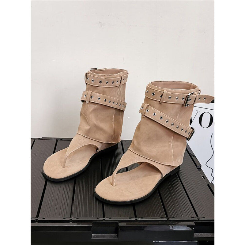 Women's ankle-high toe-post sandals in biker look with double belt and eyelet trim Mune Fashion