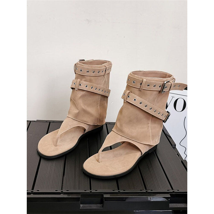 Women's ankle-high toe-post sandals in biker look with double belt and eyelet trim Mune Fashion