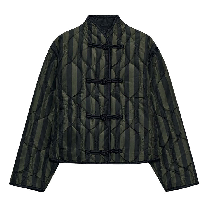 Women Padded Jacket with Stand-up Collar, Striped Quilting and Knot Closures Mune Fashion