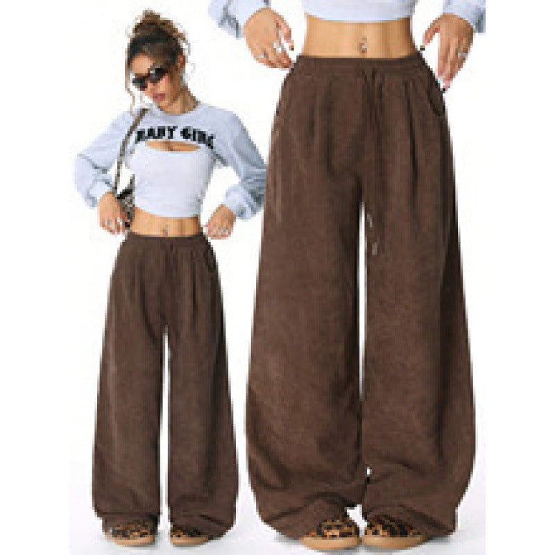 Ladies Wide Cord Pants with High Elastic Waist and Drawstring Mune Fashion