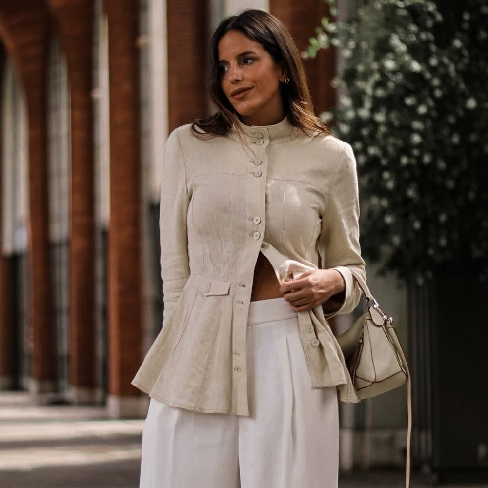 Women Tailored Linen Blazer with Stand Collar and Flouncing Peplum Mune Fashion