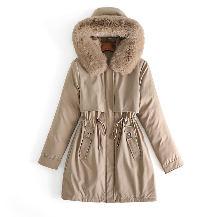 Women's mid-length water-repellent parka with voluminous faux fur collar, waistband drawstring, and multifunctional flap pockets Mune Fashion