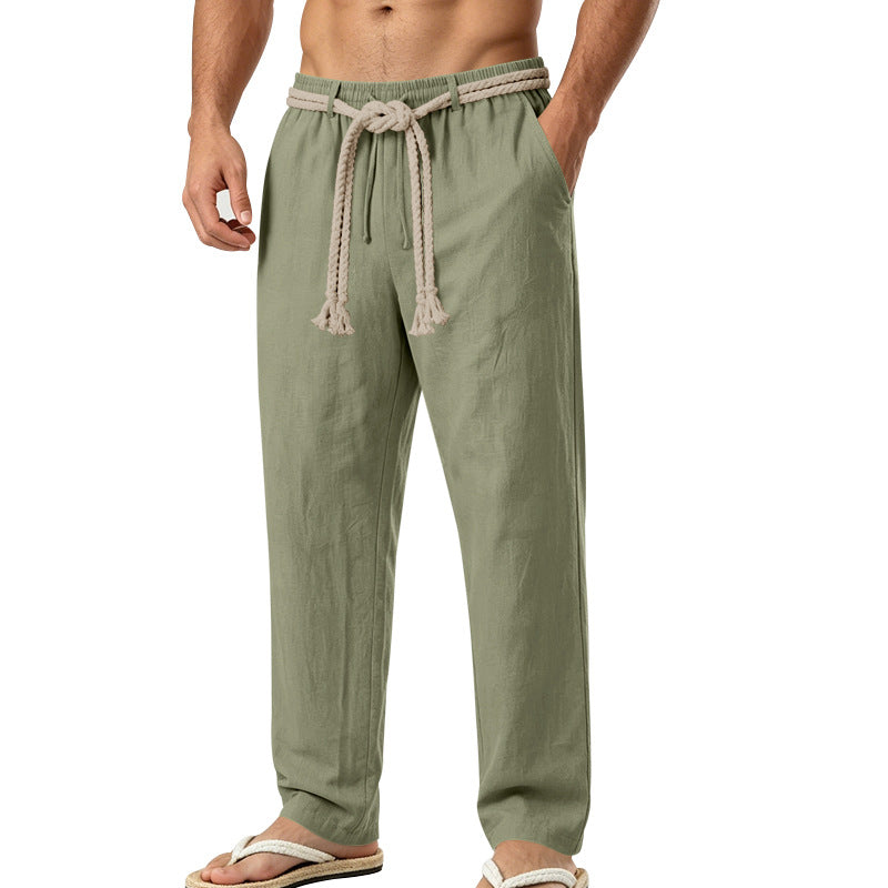 Men's Casual Linen Lounge Pants with Elastic Waistband, Decorative Rope Belt and Side Pockets Mune Fashion