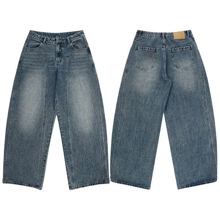 Women's ultra-wide high-cut jeans palazzo pants made of vintage denim with a low crotch and sculptural seam design Mune Fashion