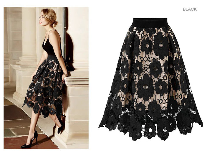 Women's A-line midi skirt made of floral lace appliqué with curved hem Mune Fashion
