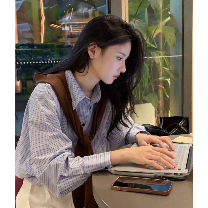 Women Oversized Striped Cotton Shirt Blouse with Rolled-up Sleeves and Shirt Collar Mune Fashion