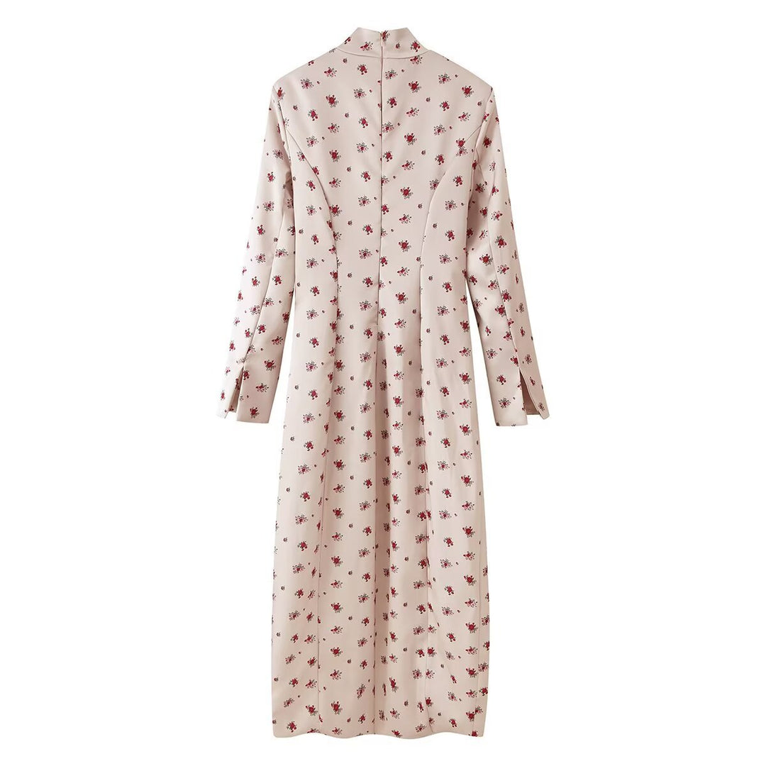 Ladies midi dress with stand-up collar, floral all-over print and concealed button placket Mune Fashion